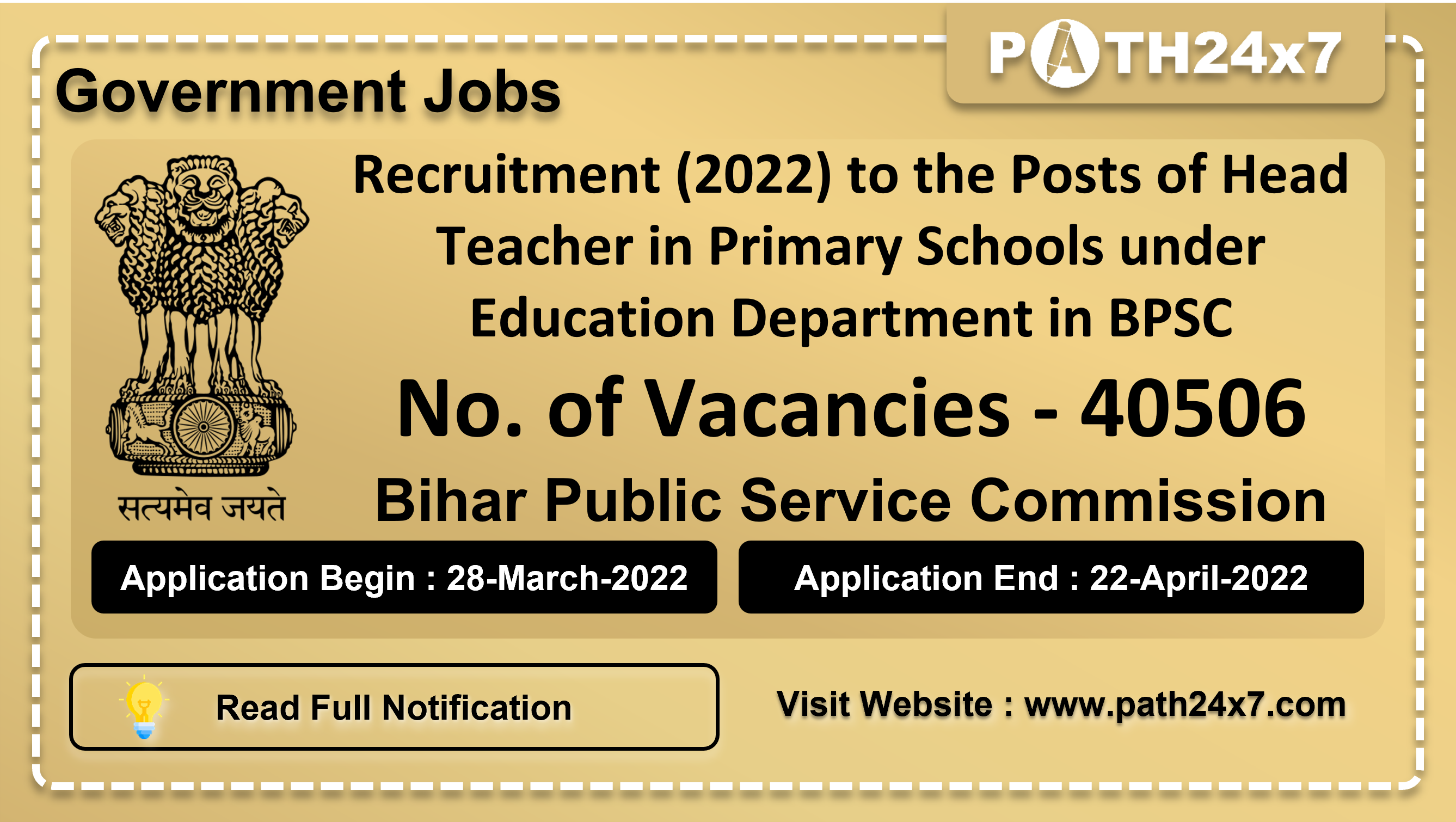 Recruitment (2022) to the Posts of Head Teacher in Primary Schools under Education Department in BPSC, No. of Vacancies - 40506, Important Dates, Application Fees, Age Limit, Pay Scale, Educational Qualification, Physical Criteria, Vacancy Details, How to Apply By Online | Bihar Public Service Commission